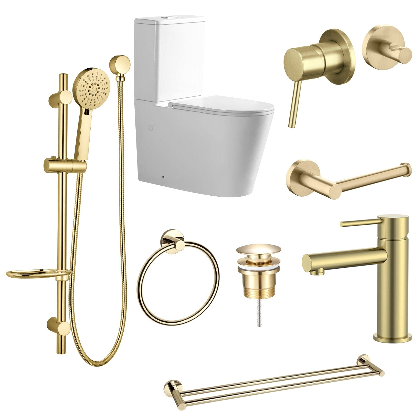 Zenmo JESS 9-Piece Bathroom Package with Toilet - Brushed Brass: every piece in the package