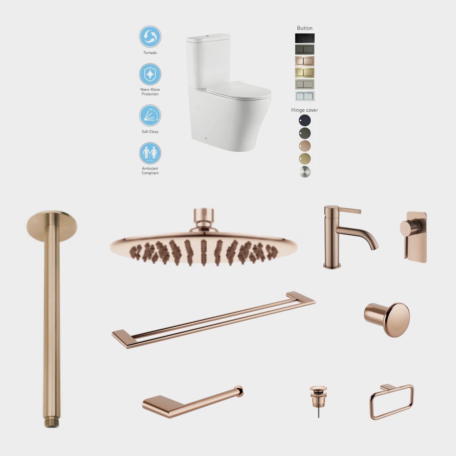 Zenmo KENZO 10-Piece Bathroom Package with Toilet - Champagne Copper: every piece in the package