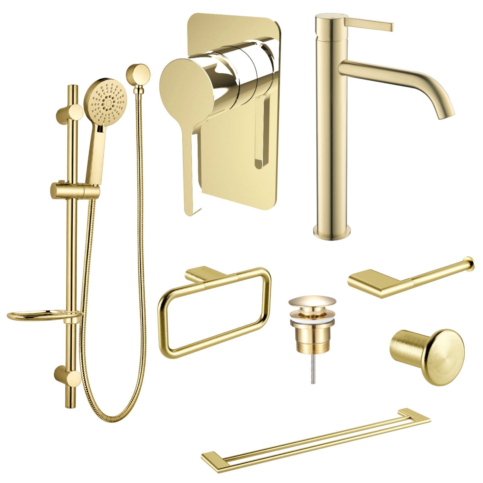 Zenmo KENZO 8-Piece Bathroom Package - Brushed Brass: every piece in the package