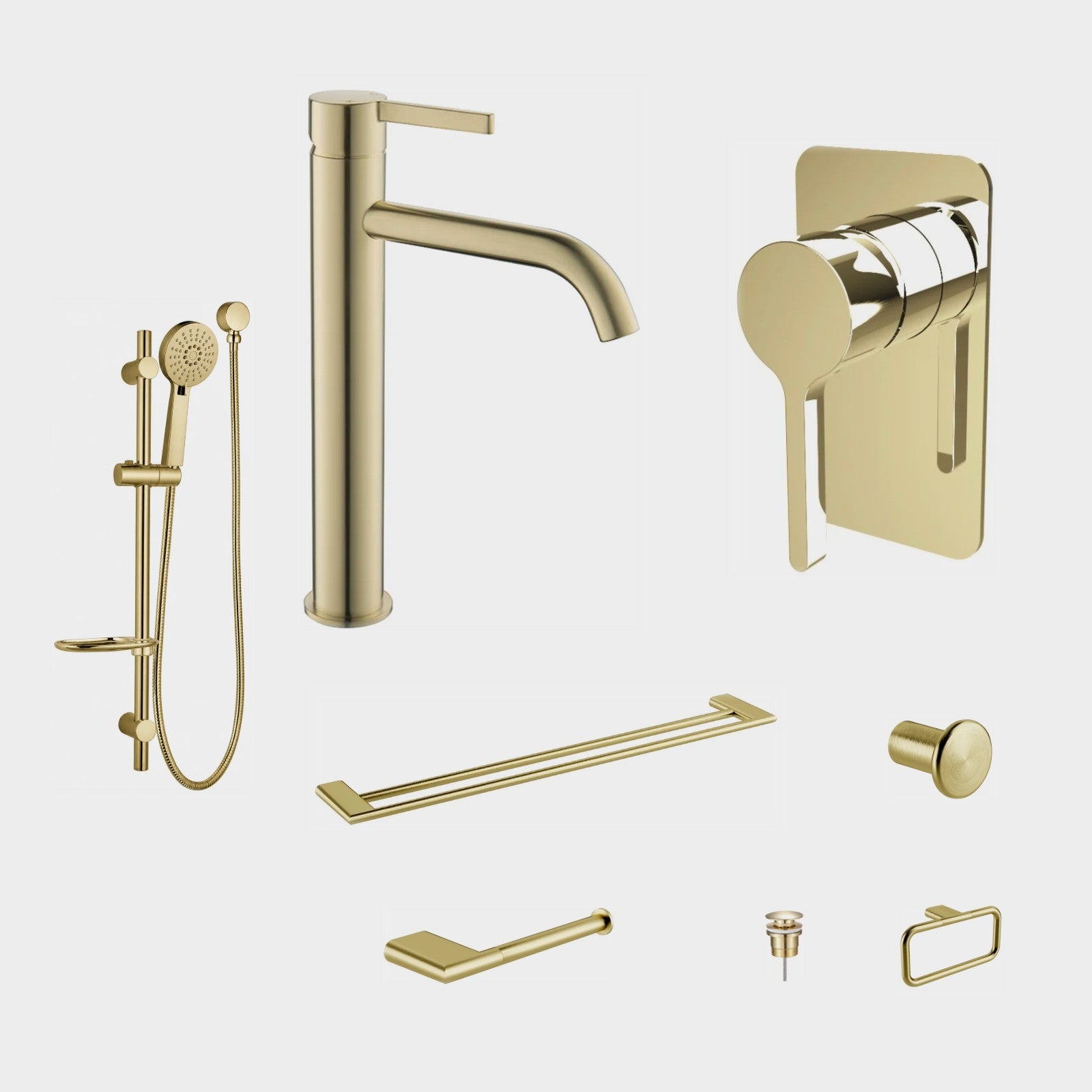 Zenmo KENZO 8-Piece Bathroom Package - Brushed Brass: every piece in the package