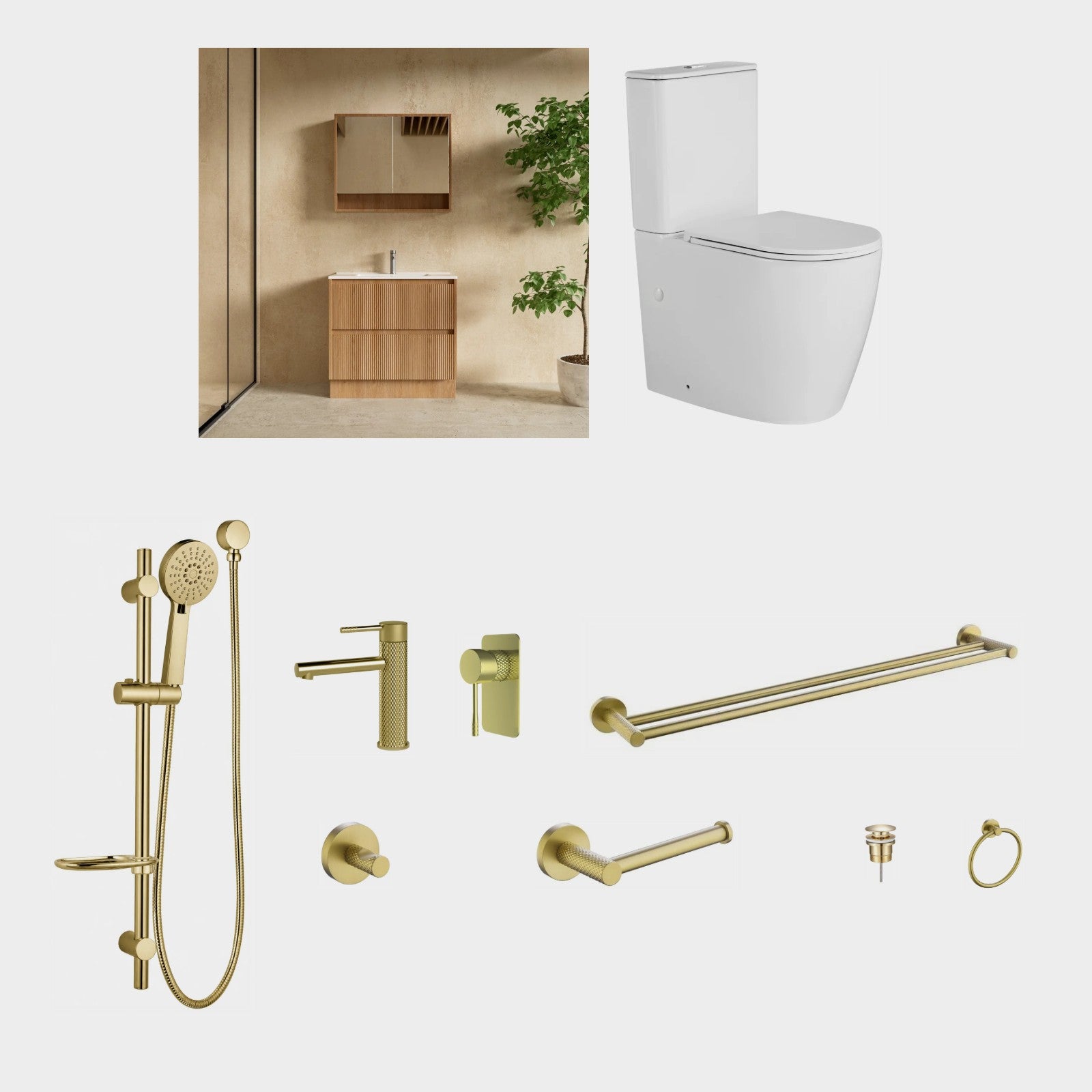 Zenmo TIARA 11-Piece Complete Bathroom Package with Vanity - Brushed Brass: every piece in the package