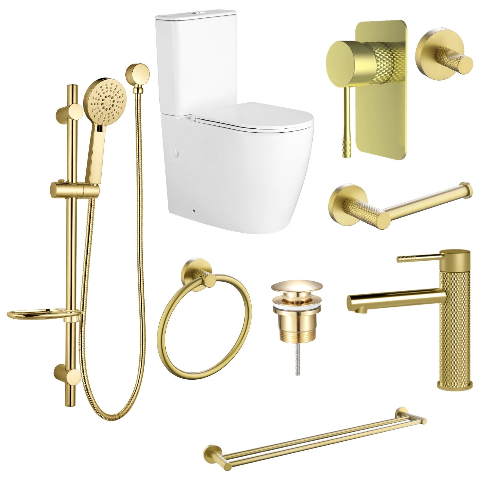 Zenmo TIARA 9-Piece Bathroom Package with Toilet - Brushed Brass: every piece in the package