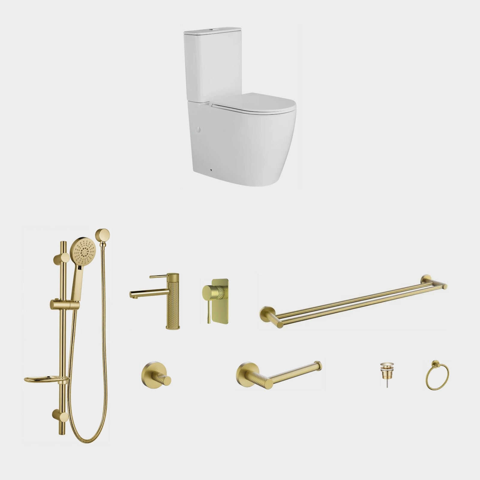 Zenmo TIARA 9-Piece Bathroom Package with Toilet - Brushed Brass: every piece in the package
