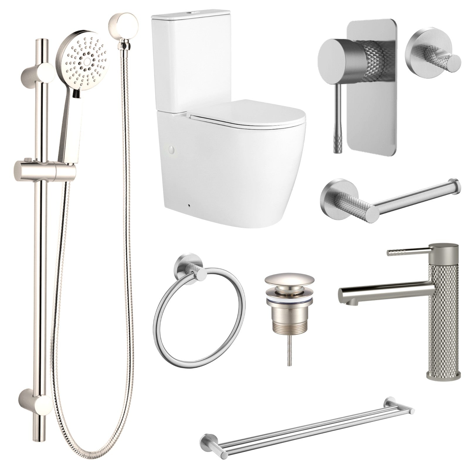 Zenmo TIARA 9-Piece Bathroom Package with Toilet - Brushed Nickel: every piece in the package