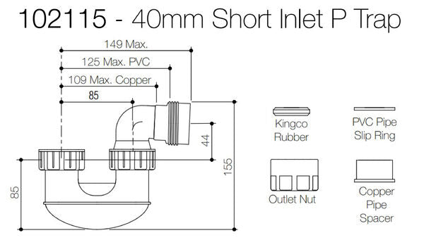 Caroma 40mm Short Inlet P Trap