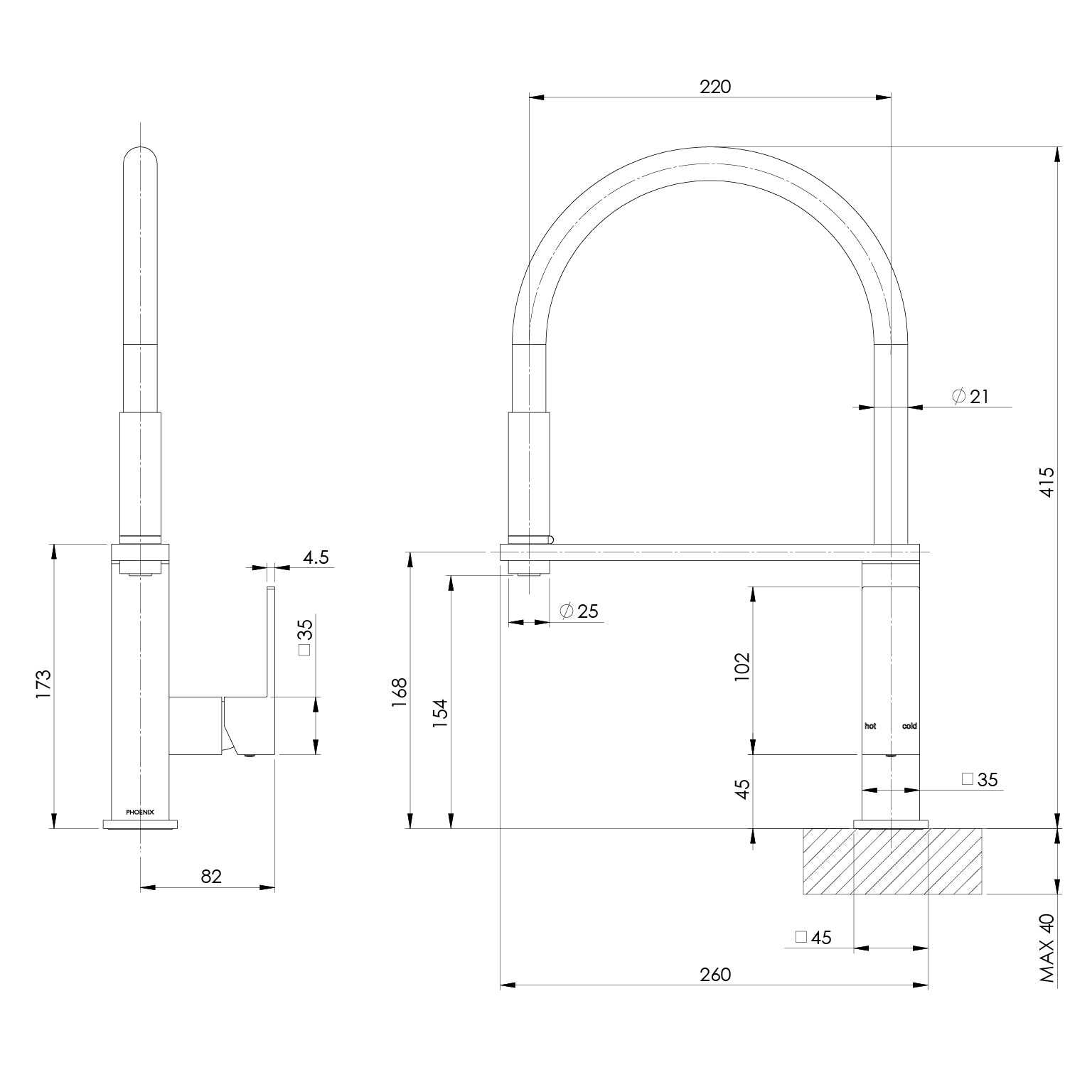 Phoenix Vezz Flexible Hose Sink Mixer 220mm Squareline – Lead Free