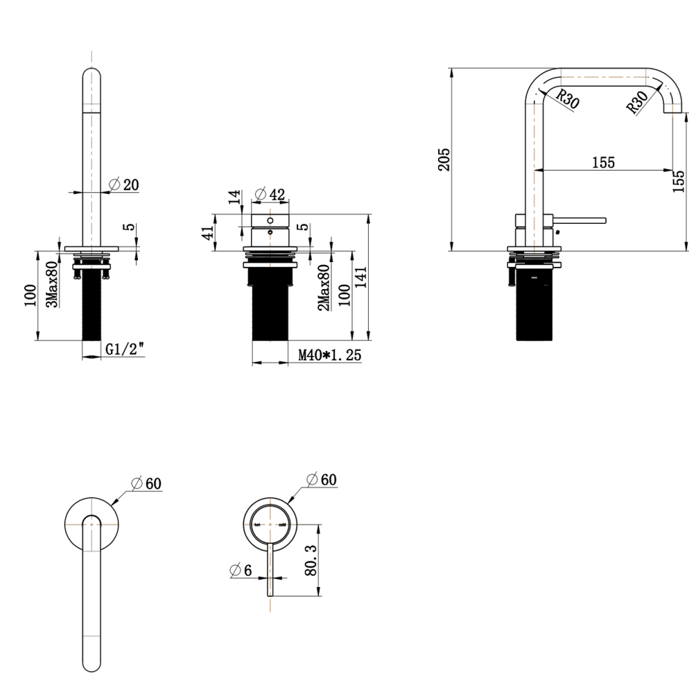 Bella Vista Mica Soft-Square Hob Basin Mixer Set