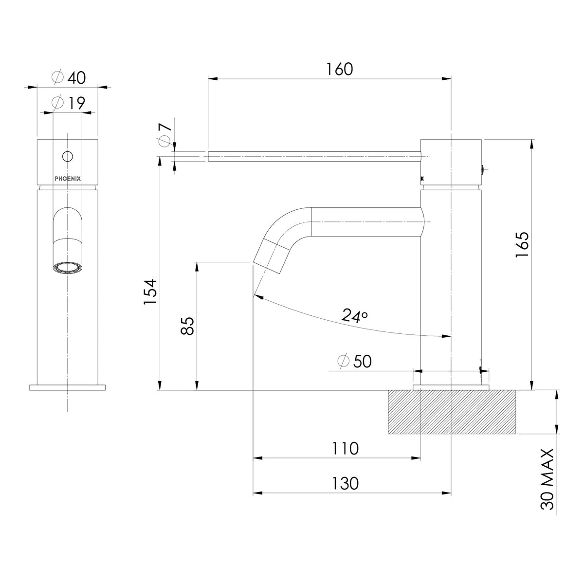 Phoenix Vivid Slimline Basin Mixer Curved Outlet with Extended Lever