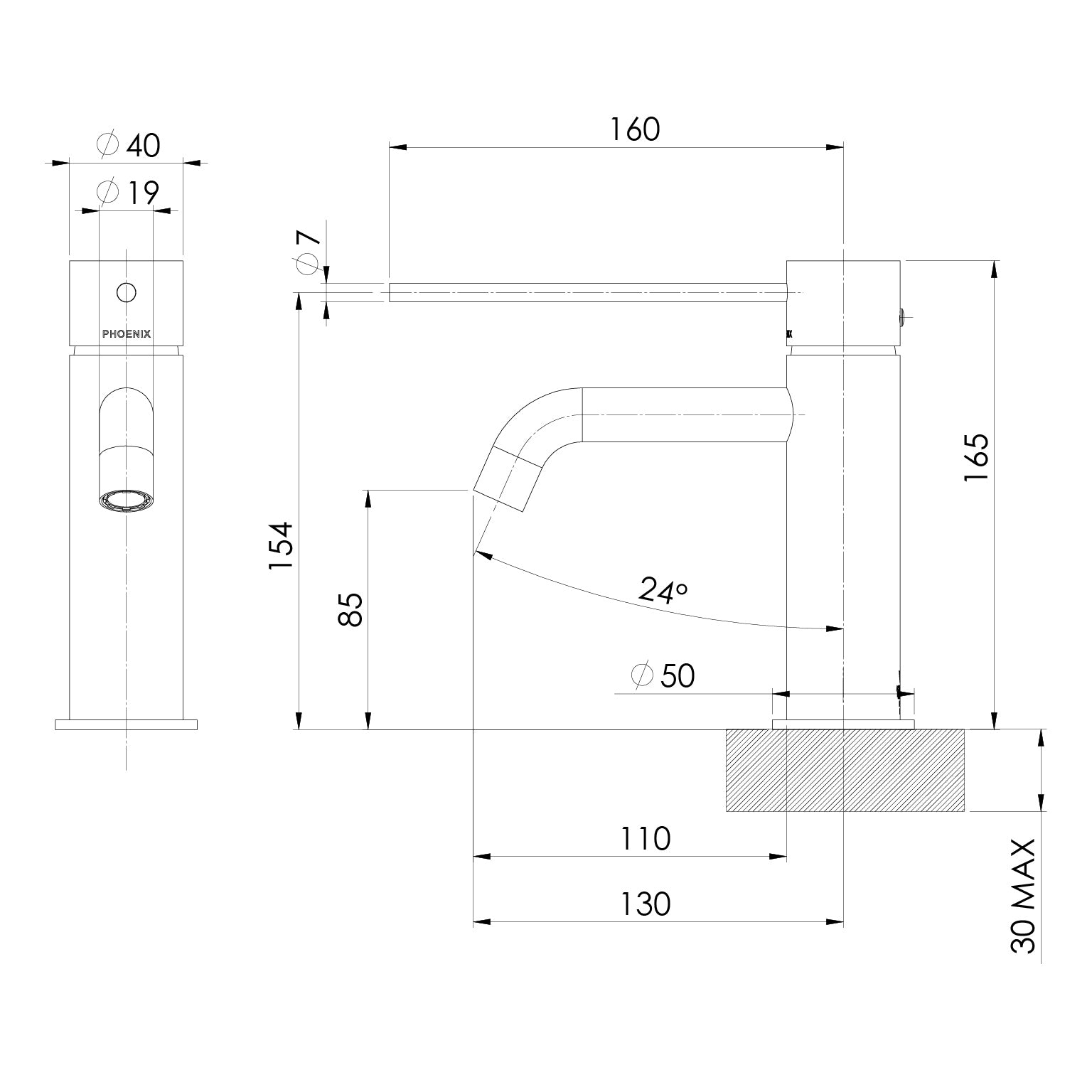 Phoenix Vivid Slimline Basin Mixer Curved Outlet with Extended Lever