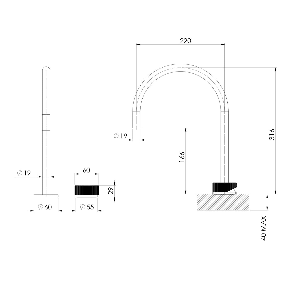 Phoenix Axia Hob Sink Mixer Set 220mm Gooseneck – Lead Free