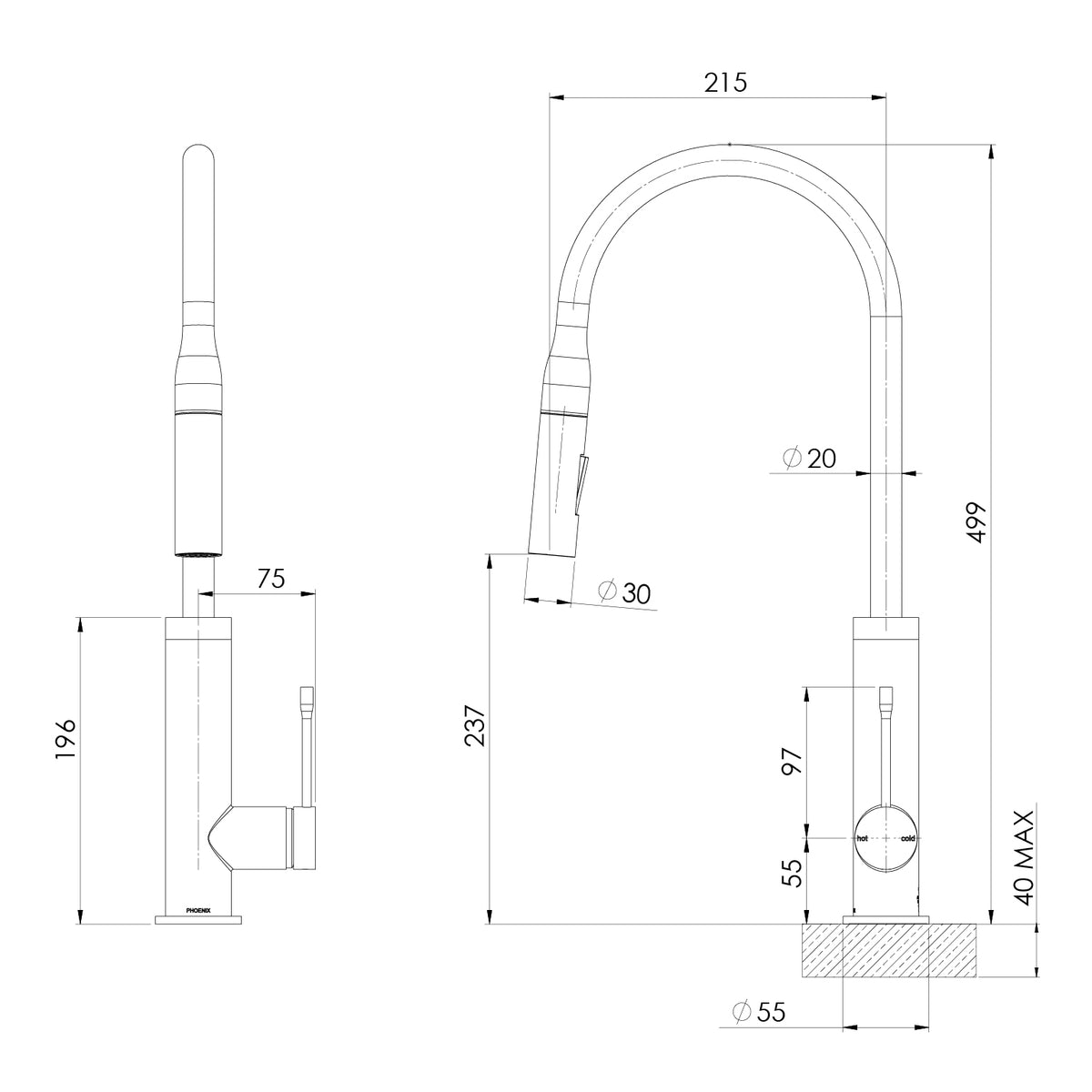 Phoenix Deja Pull Out Sink Mixer 220mm – Lead Free