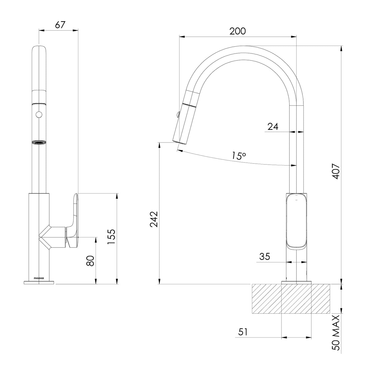 Phoenix Nuage Pull Out Sink Mixer 200mm – Lead Free