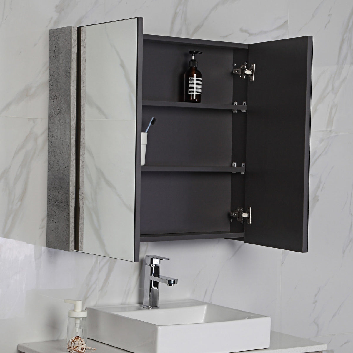 Aulic Bella Shaving Cabinet, mirrored doors open showing shelves