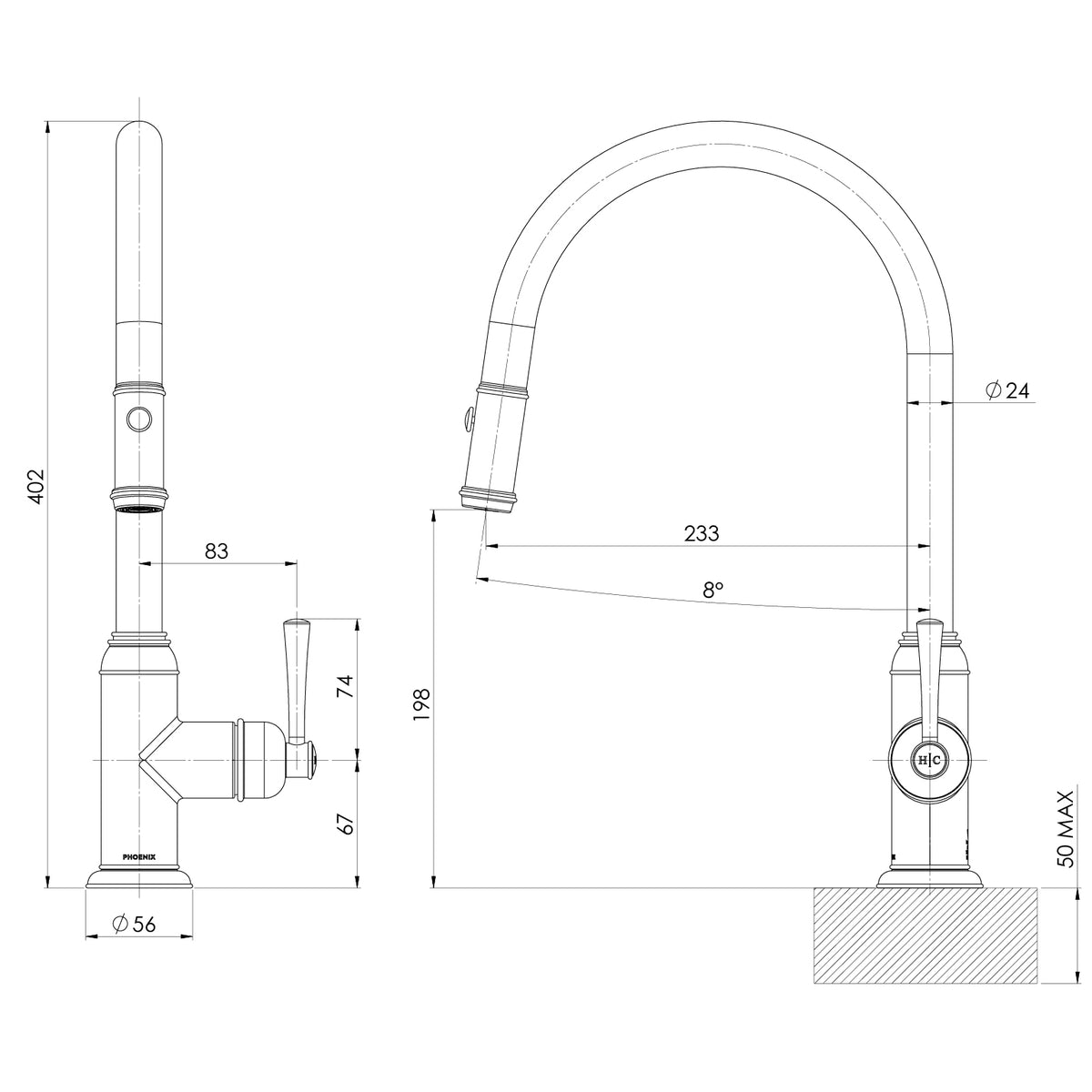 Phoenix Cromford Pull Out Sink Mixer 230mm – Lead Free