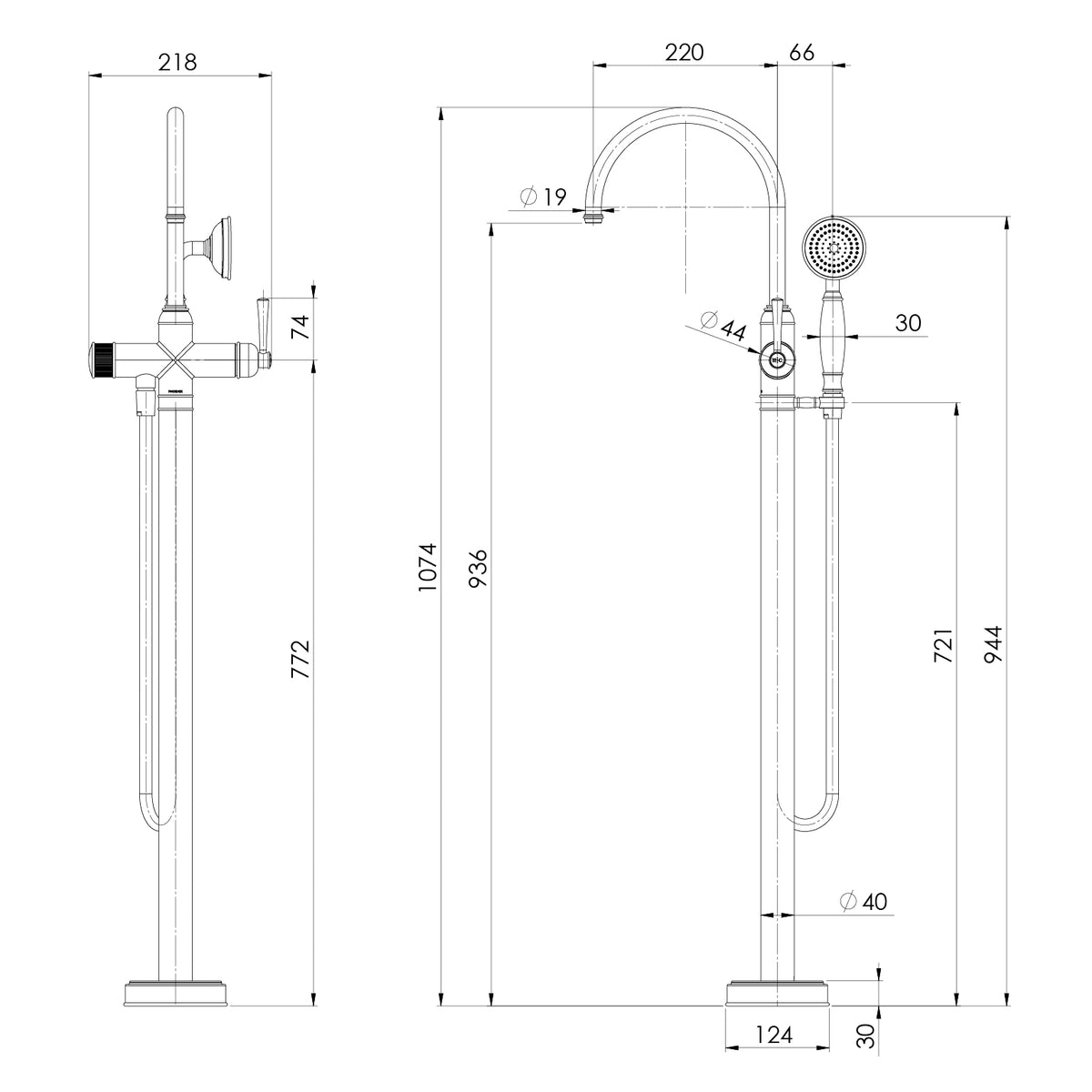 Phoenix Cromford Floor Mounted Bath Mixer with Hand Shower