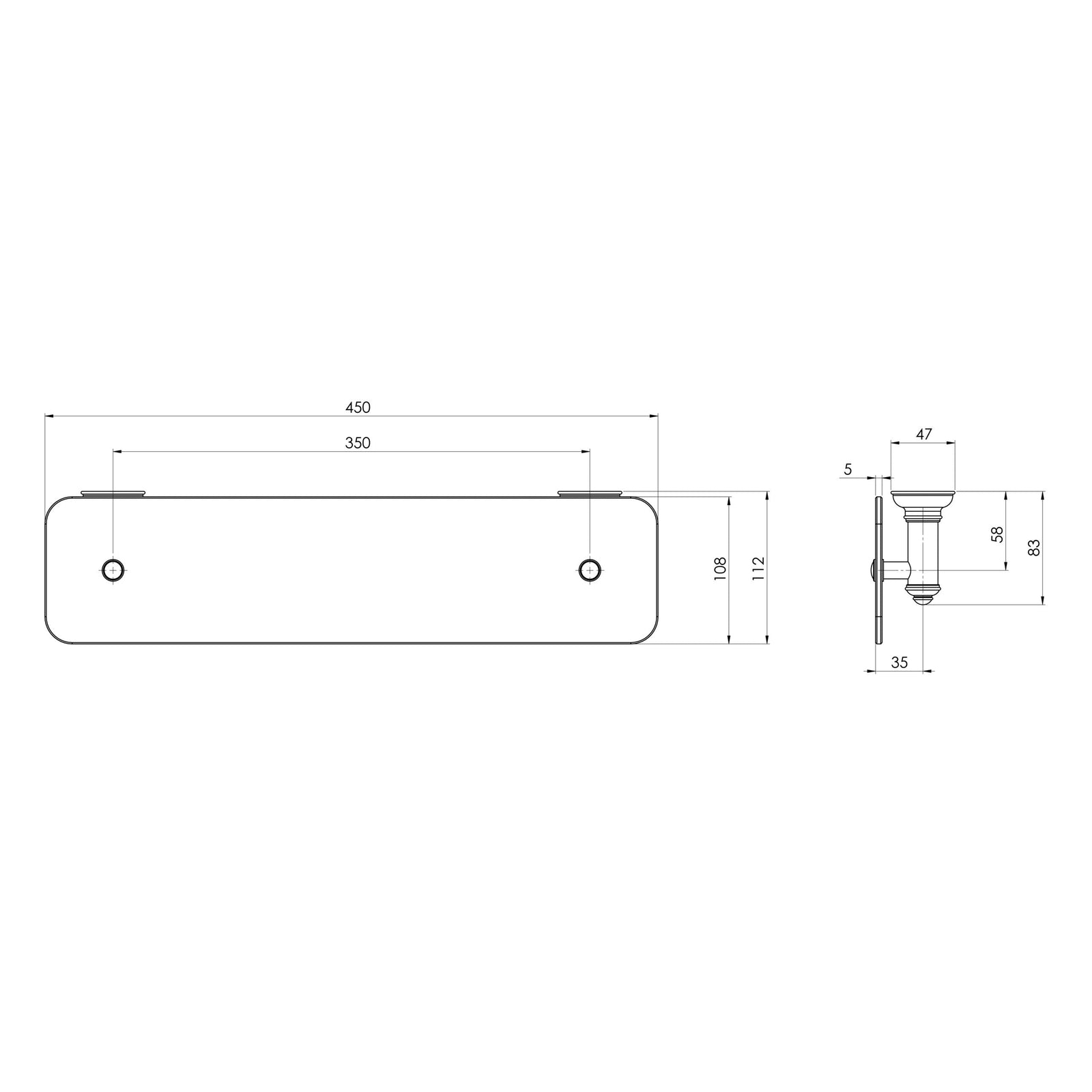 Phoenix Cromford Glass Shelf 450mm dimensions