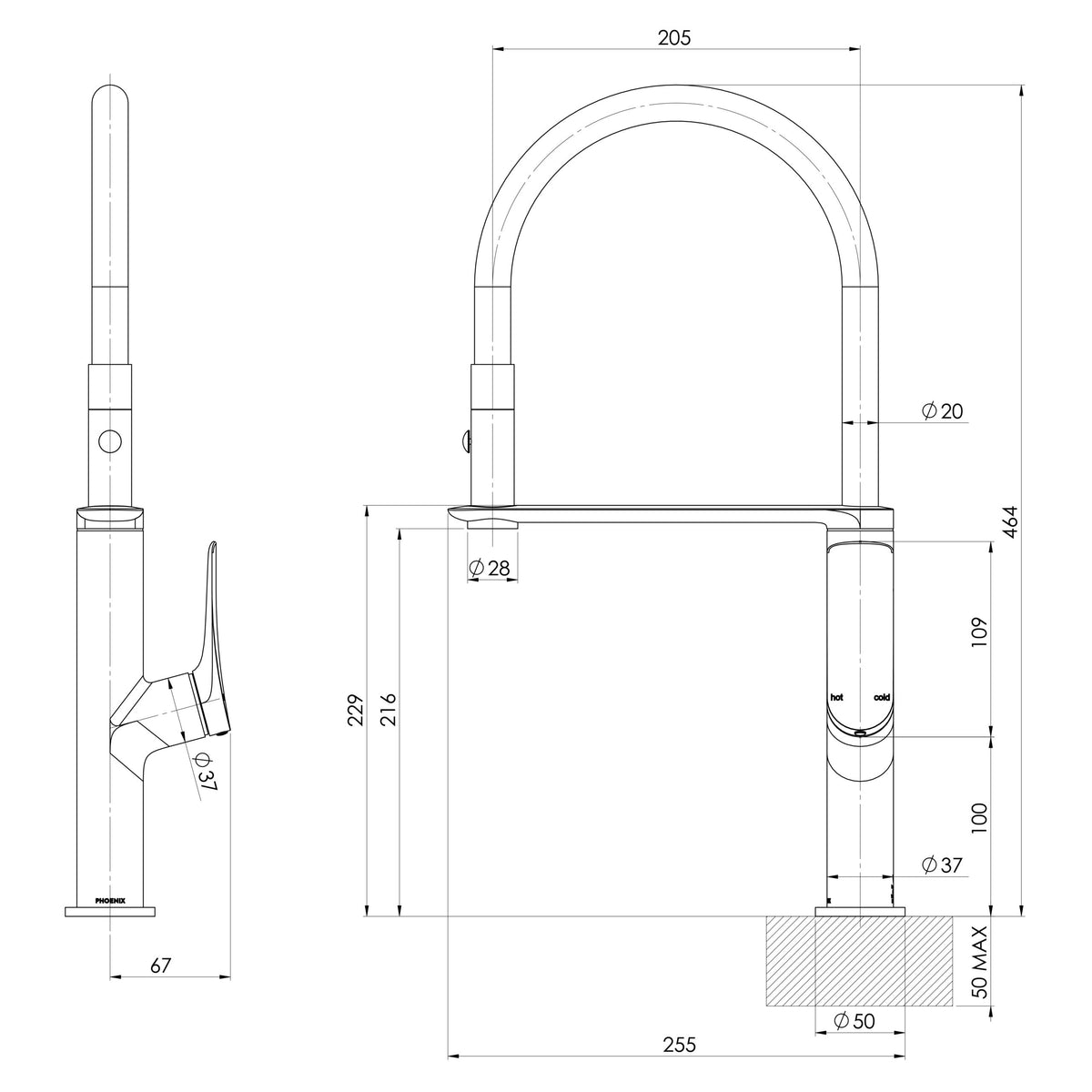 Phoenix Kusabi Flexible Hose Sink Mixer 200mm – Lead Free
