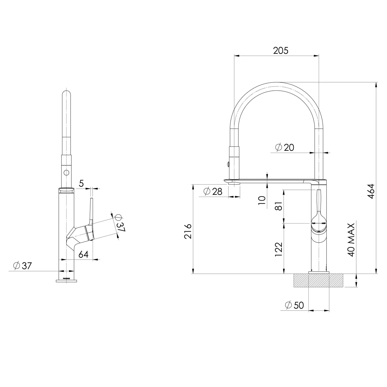 Phoenix Vask Flexible Hose Sink Mixer 200mm – Lead Free