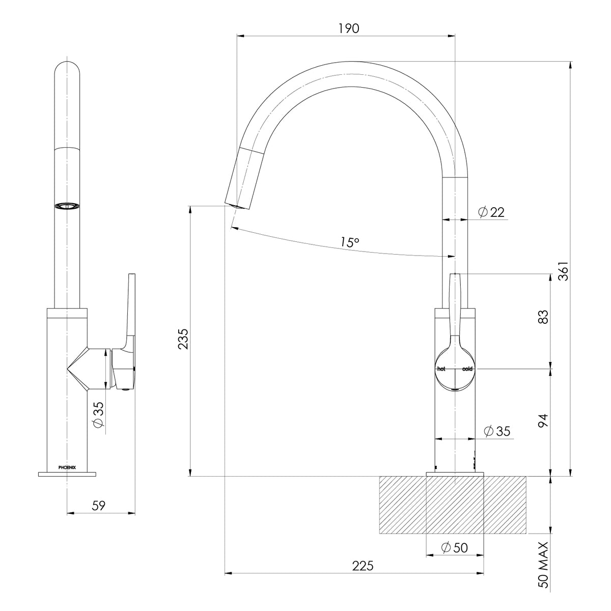Phoenix Vask Sink Mixer 190mm – Lead Free