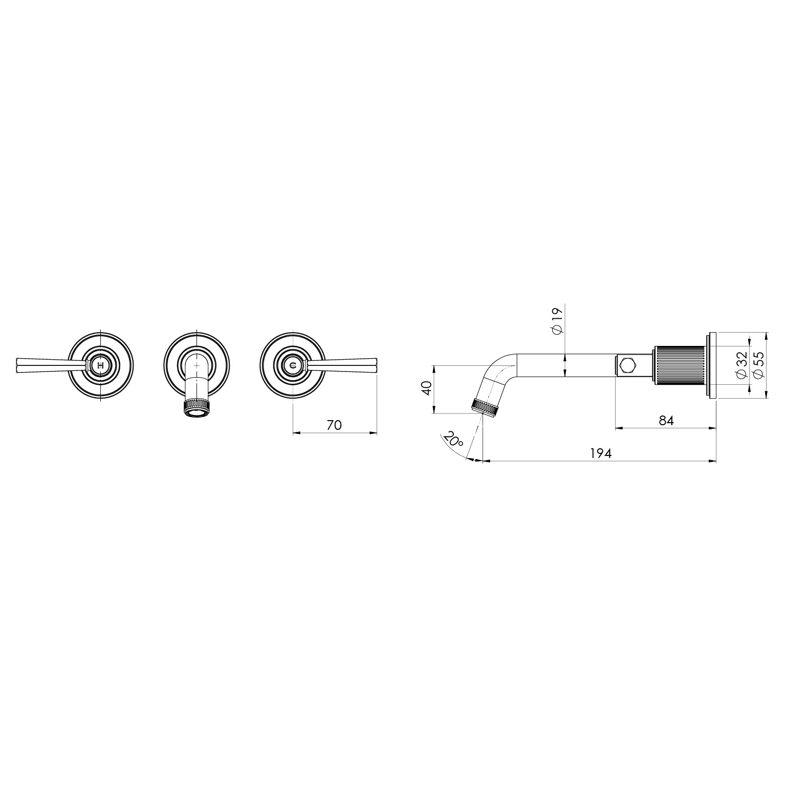Phoenix Wiltern Wall Basin / Bath Tap Set 190mm – Lead Free