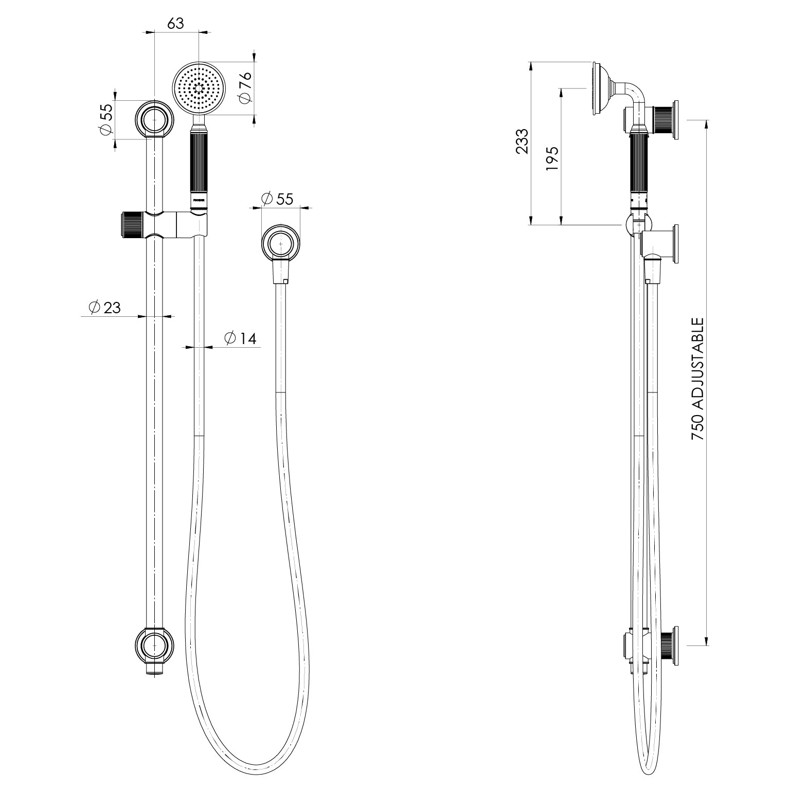 Phoenix Wiltern Rail Shower dimensions