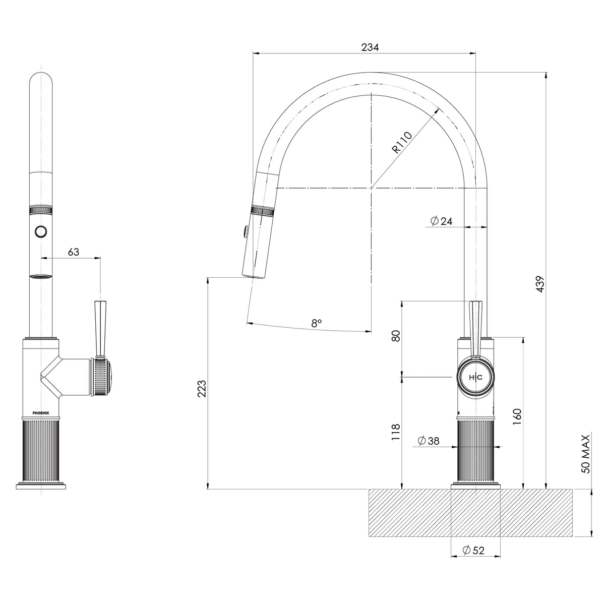 Phoenix Wiltern Pull Out Sink Mixer 230mm – Lead Free