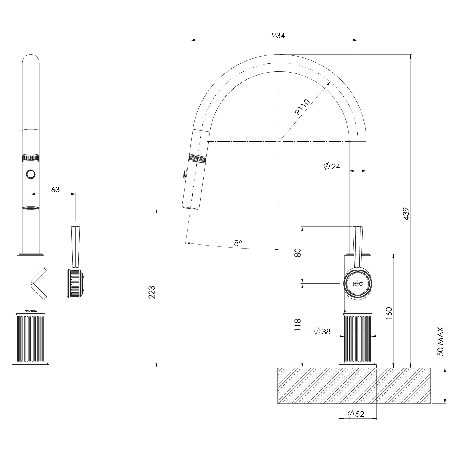Phoenix Wiltern Pull Out Sink Mixer 230mm – Lead Free