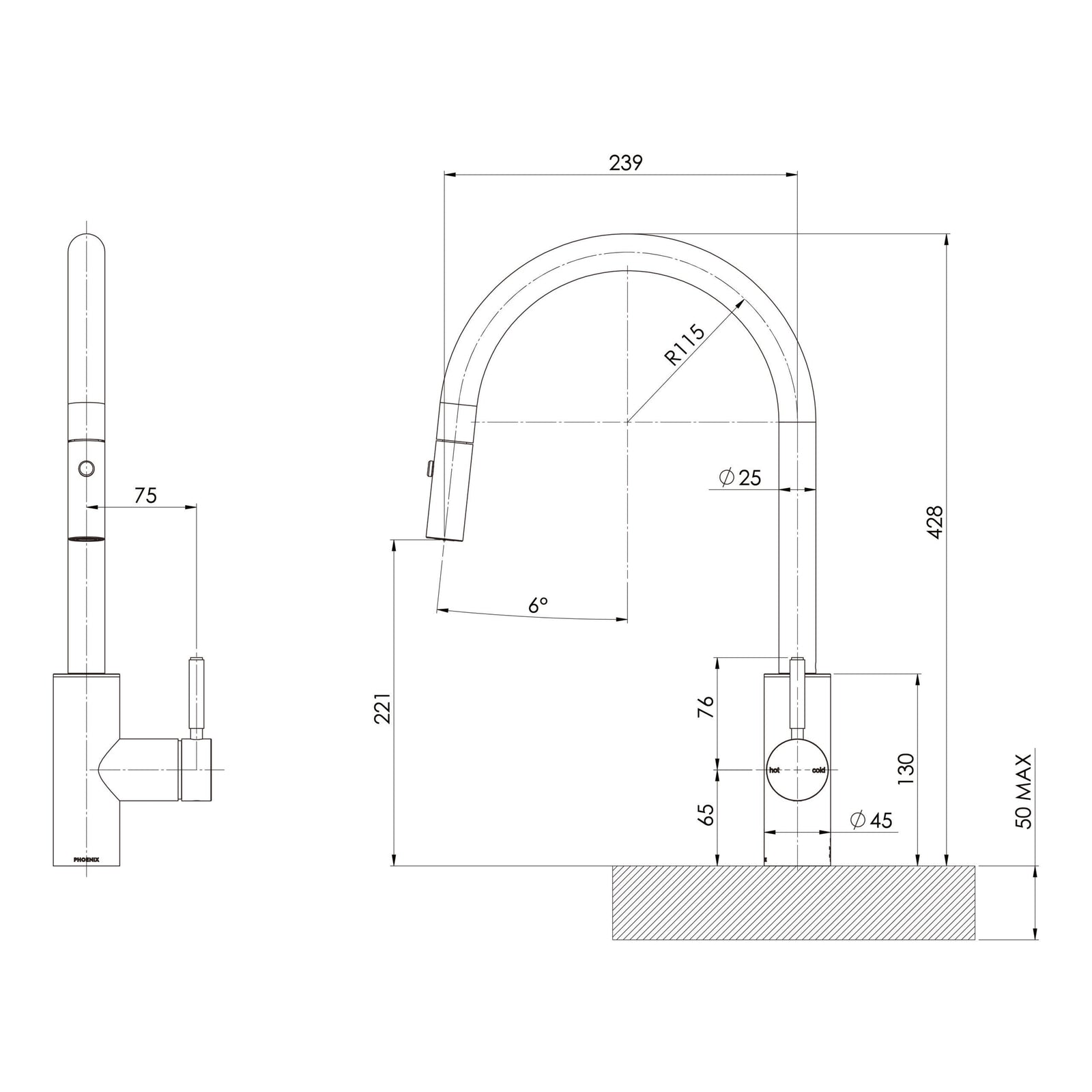 Phoenix Vivid MKII Pull Out Sink Mixer 240mm Gooseneck – Lead Free
