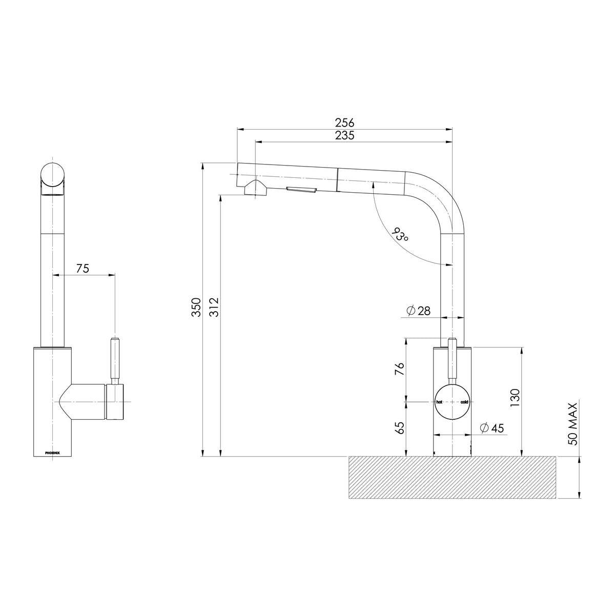 Phoenix Vivid MKII Pull Out Sink Mixer 230mm L Shaped – Lead Free