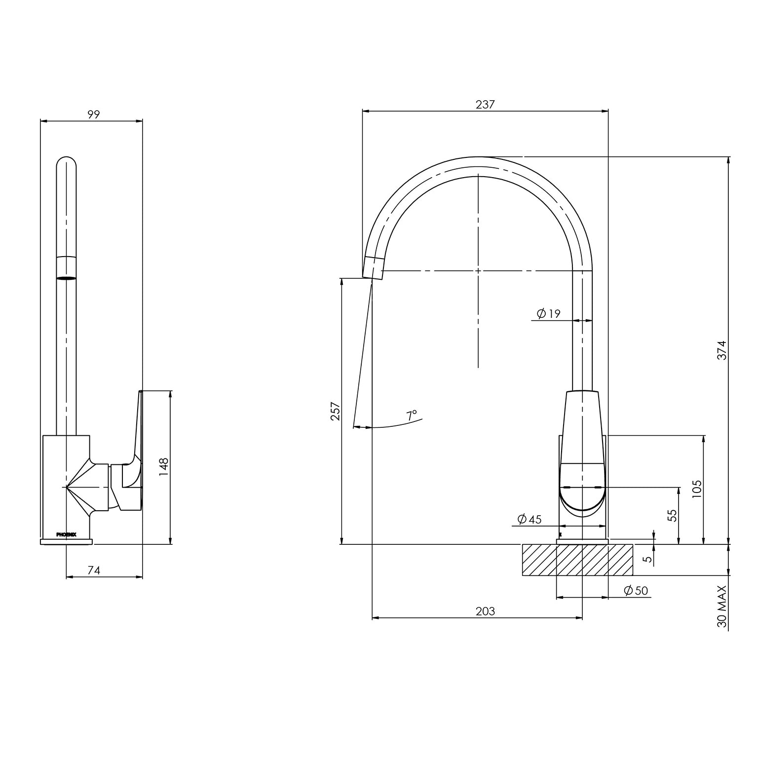 Phoenix Arlo Sink Mixer 200mm Gooseneck – Lead Free