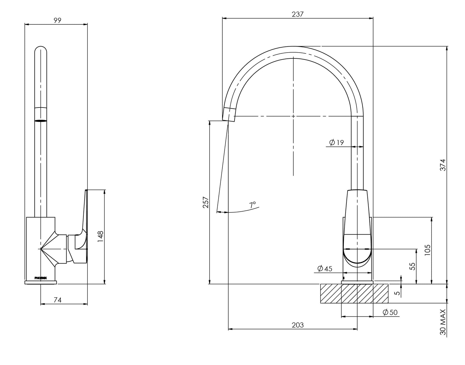 Phoenix Arlo Sink Mixer 200mm Gooseneck – 6 Star – Lead Free