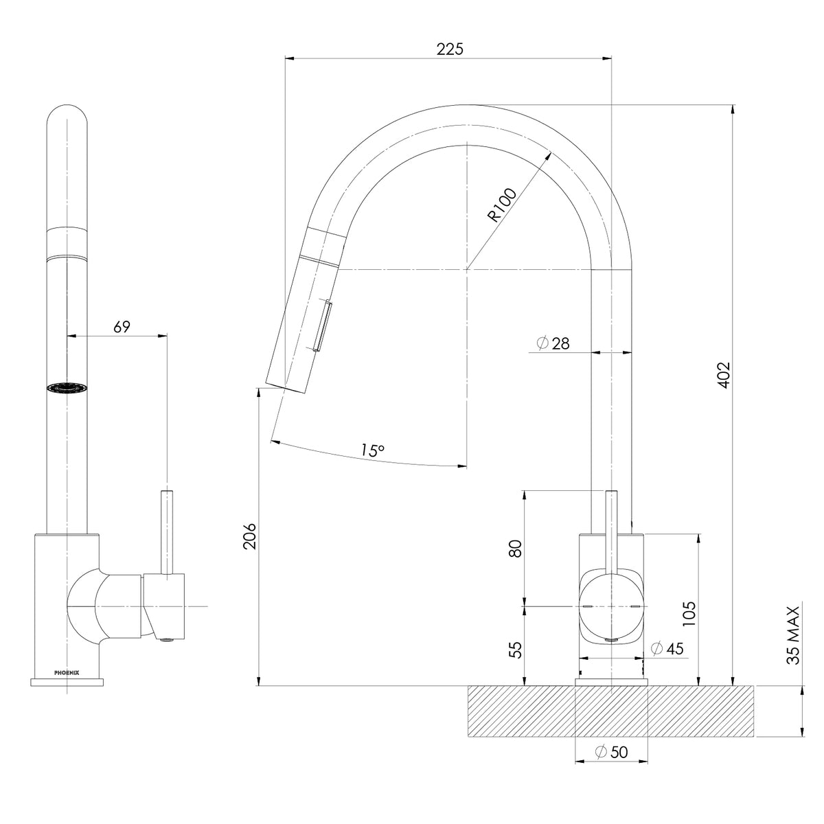 Phoenix Pina Pull Out Sink Mixer 230mm – Lead Free