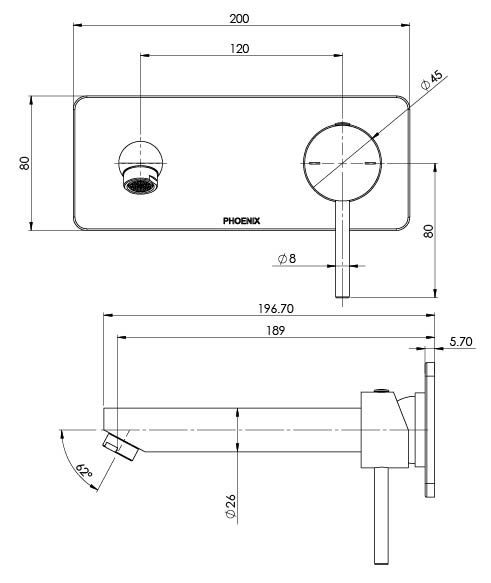 Phoenix Pina Wall Basin / Bath Mixer Set 180mm (Trim Kit Only) – 6 Star – Lead Free