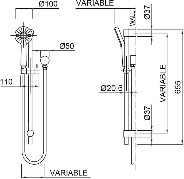 Methven KROME 100MM RAIL SHOWER AIRSTREAM 3 FUNCTION