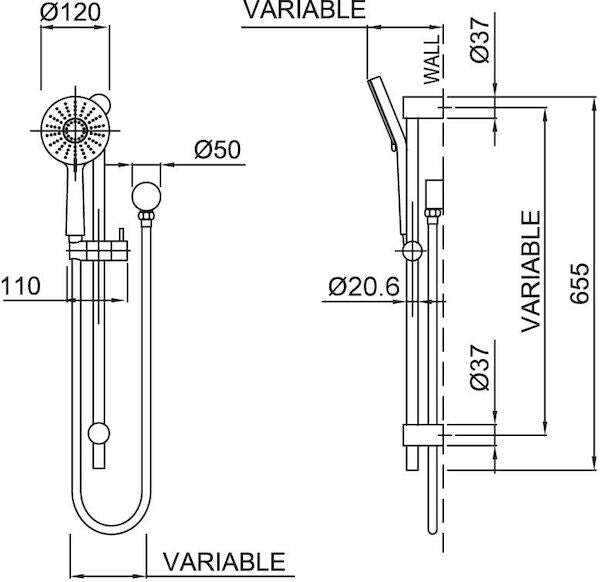 Methven KROME 120MM RAIL SHOWER AIRSTREAM 3 FUNCTION