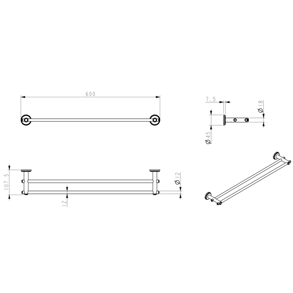 Bella Vista Mica Heritage Double Towel Rail 600/800 MM dimensions