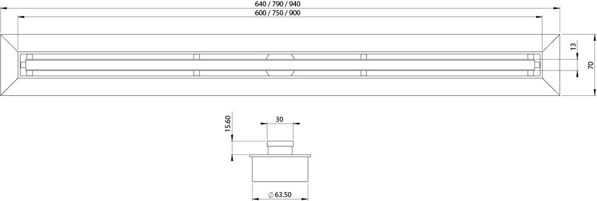 Phoenix Phoenix Flat Slimline Channel Drain 30x900mm Outlet 65mm