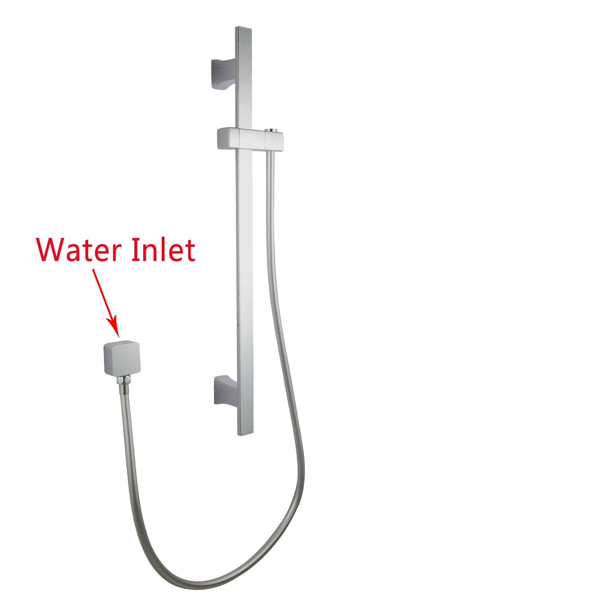 Square Chrome Wall Mounted Sliding Rail with Water Hose &amp; Wall Connector Only