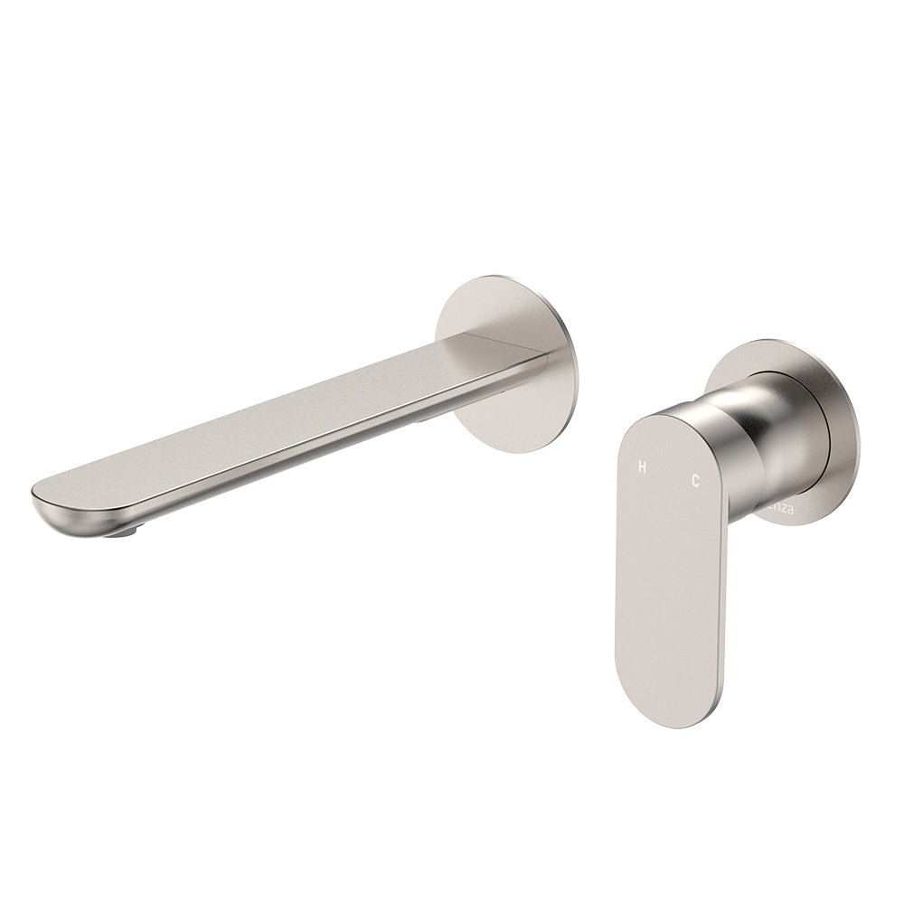 Empire Slim Basin/Bath Wall Mixer Set, Round Plates, 200mm Outlet - Brushed Nickel