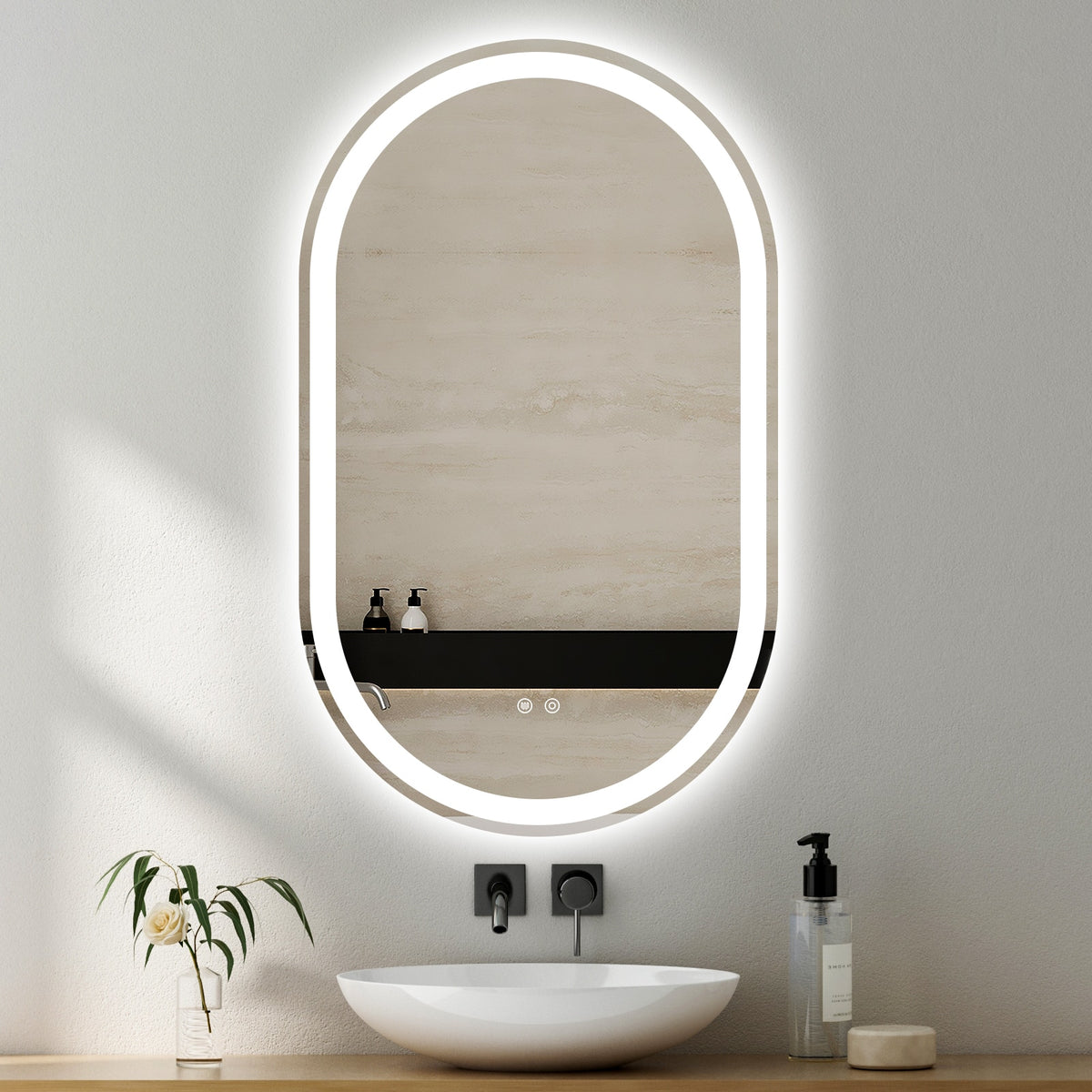 Oval LED Mirror – Frameless Frosted with Defogger &amp; Dimmable 30mm LED Strip