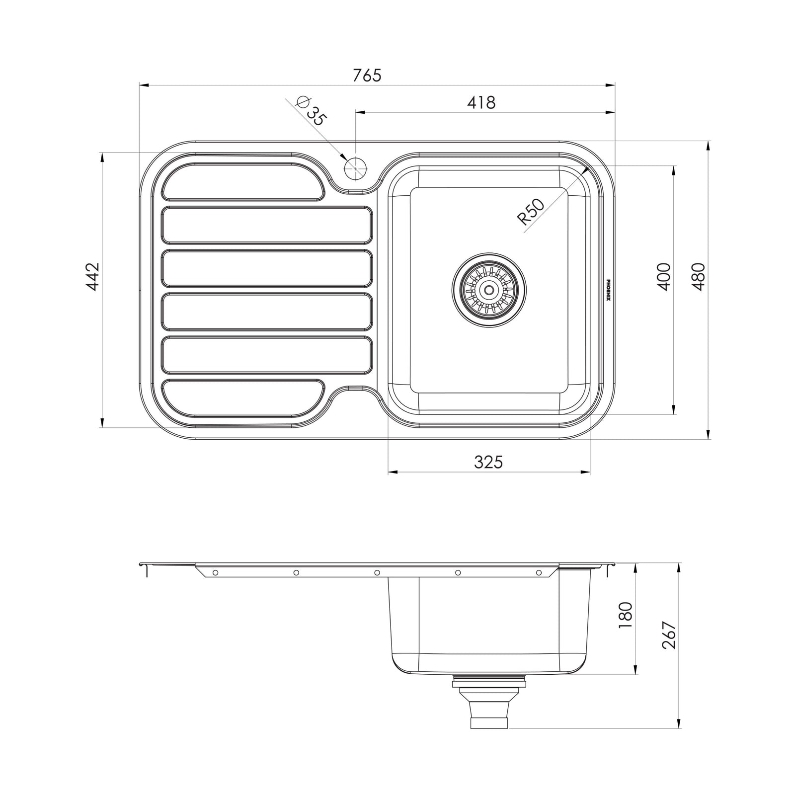 Phoenix 1000 Series Single Right Hand Bowl Sink with Drainer and Taphole