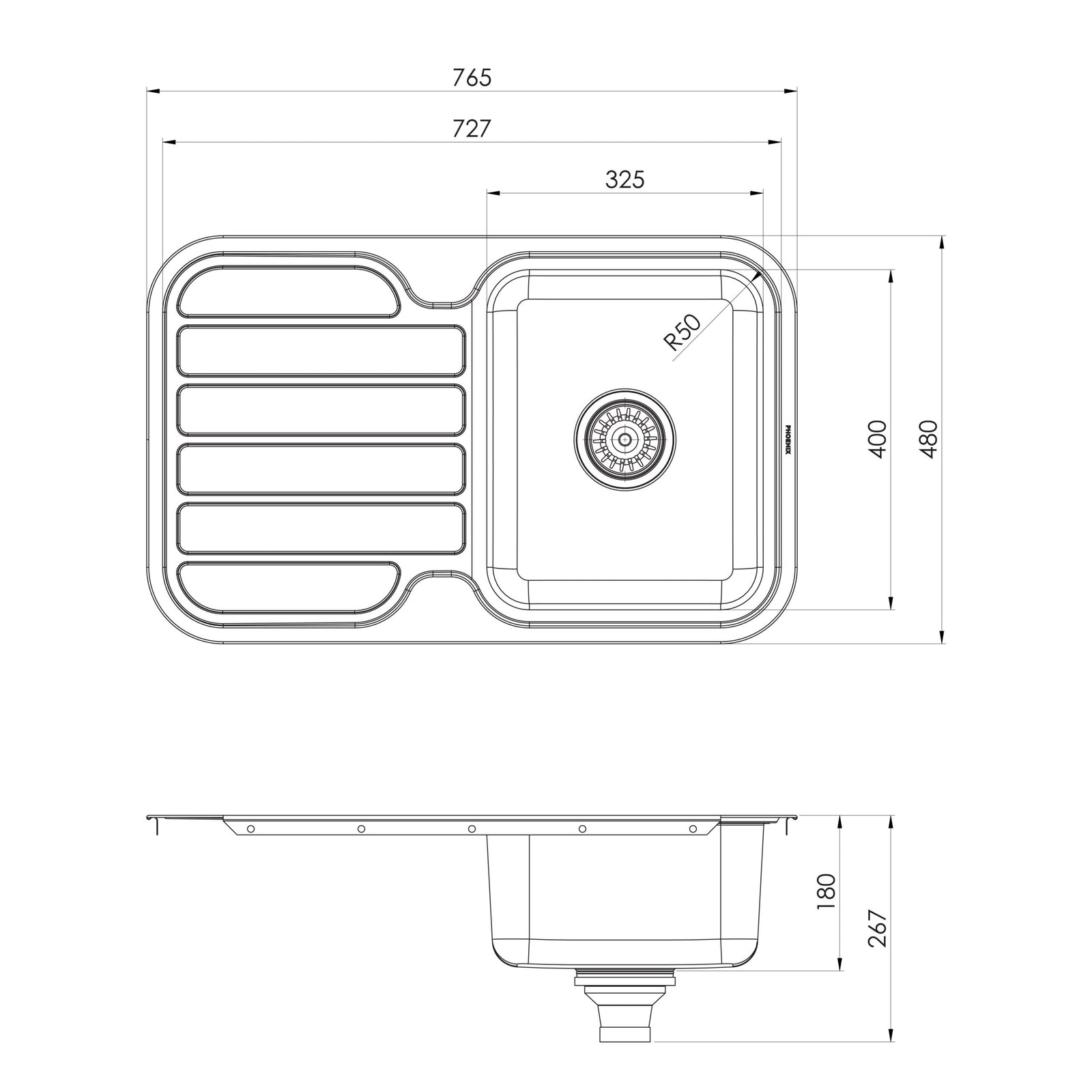 Phoenix 1000 Series Single Bowl Sink with Drainer and No Taphole