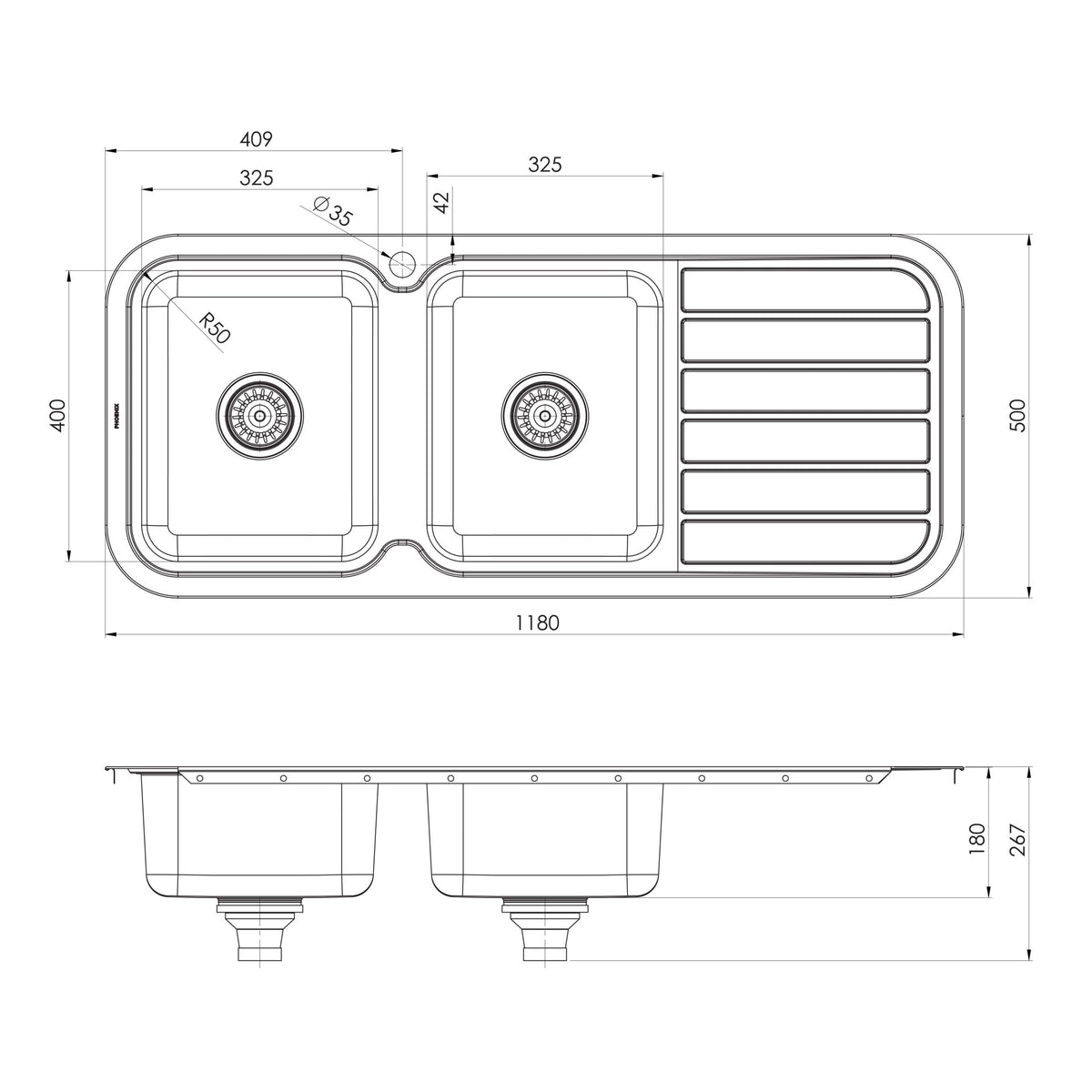 Phoenix 1000 Series Double Left Hand Bowl Sink with Drainer and Taphole