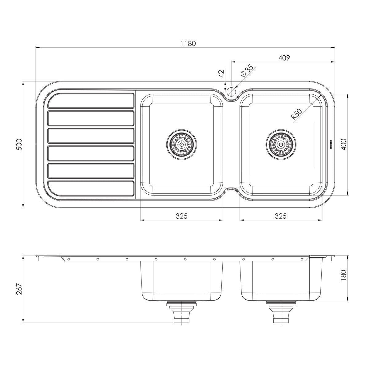 Phoenix 1000 Series Double Right Hand Bowl Sink with Drainer and Taphole