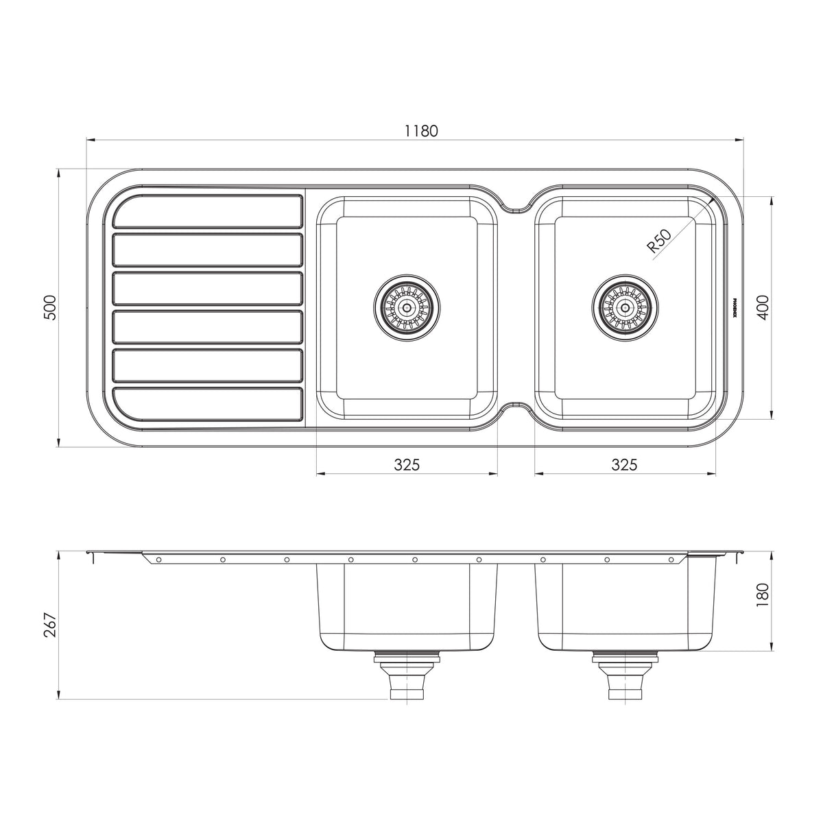 Phoenix 1000 Series Double Bowl Sink with Drainer and No Taphole