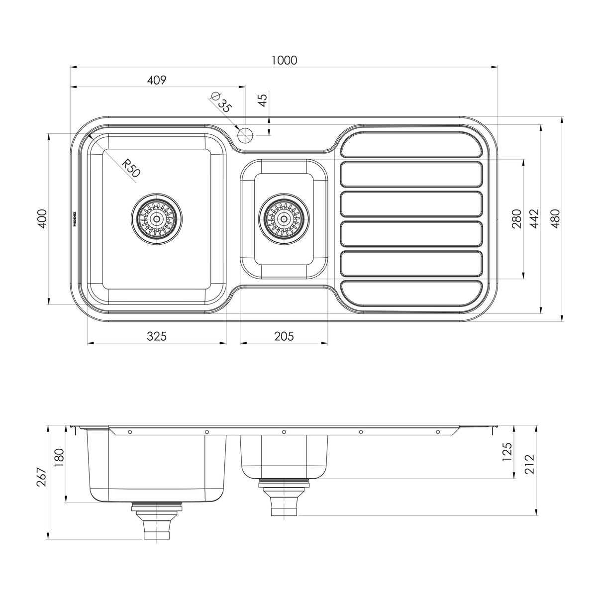 Phoenix 1000 Series 1 and 1/3 Left Hand Bowl Sink with Drainer and Taphole