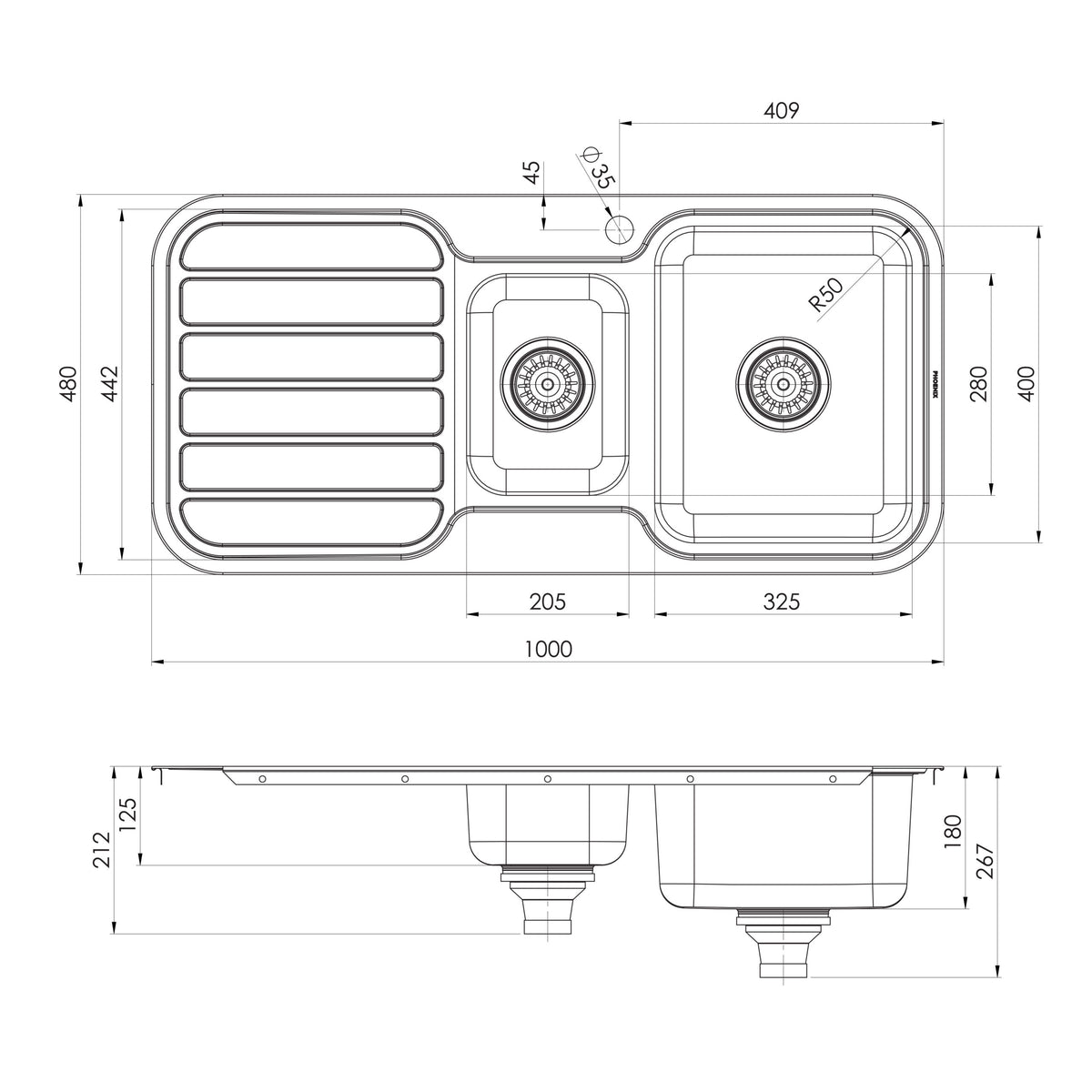 Phoenix 1000 Series 1 and 1/3 Right Hand Bowl Sink with Drainer and Taphole