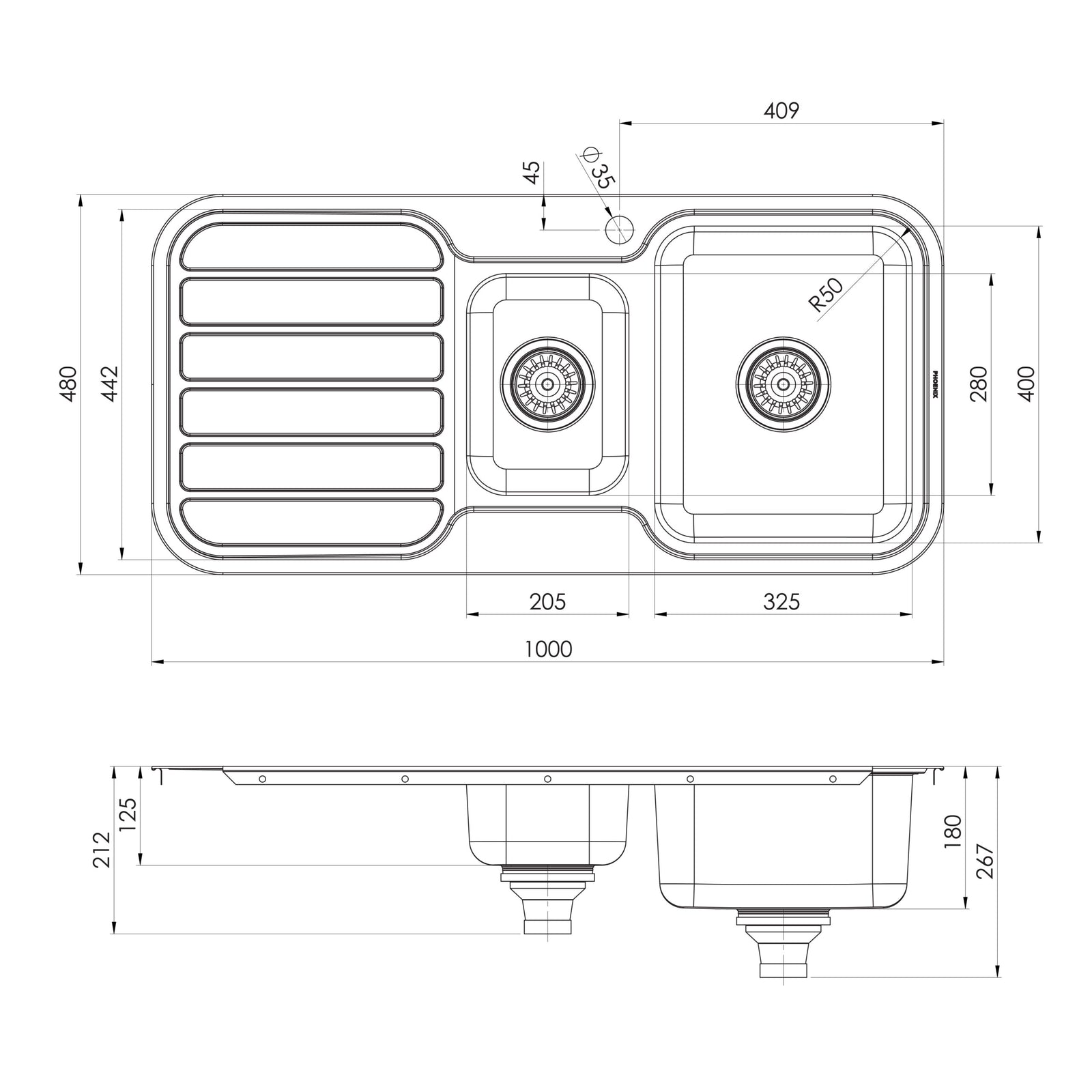 Phoenix 1000 Series 1 and 1/3 Right Hand Bowl Sink with Drainer and Taphole