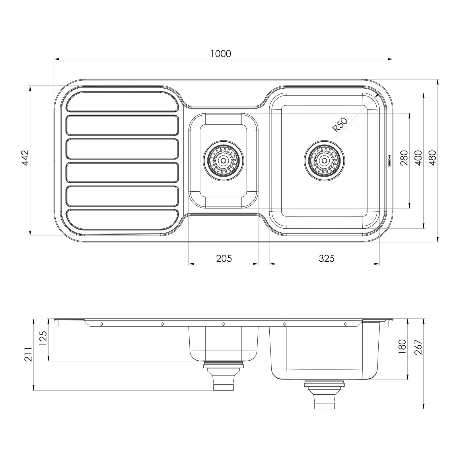 Phoenix 1000 Series 1 and 1/3 Bowl Sink with Drainer and No Taphole