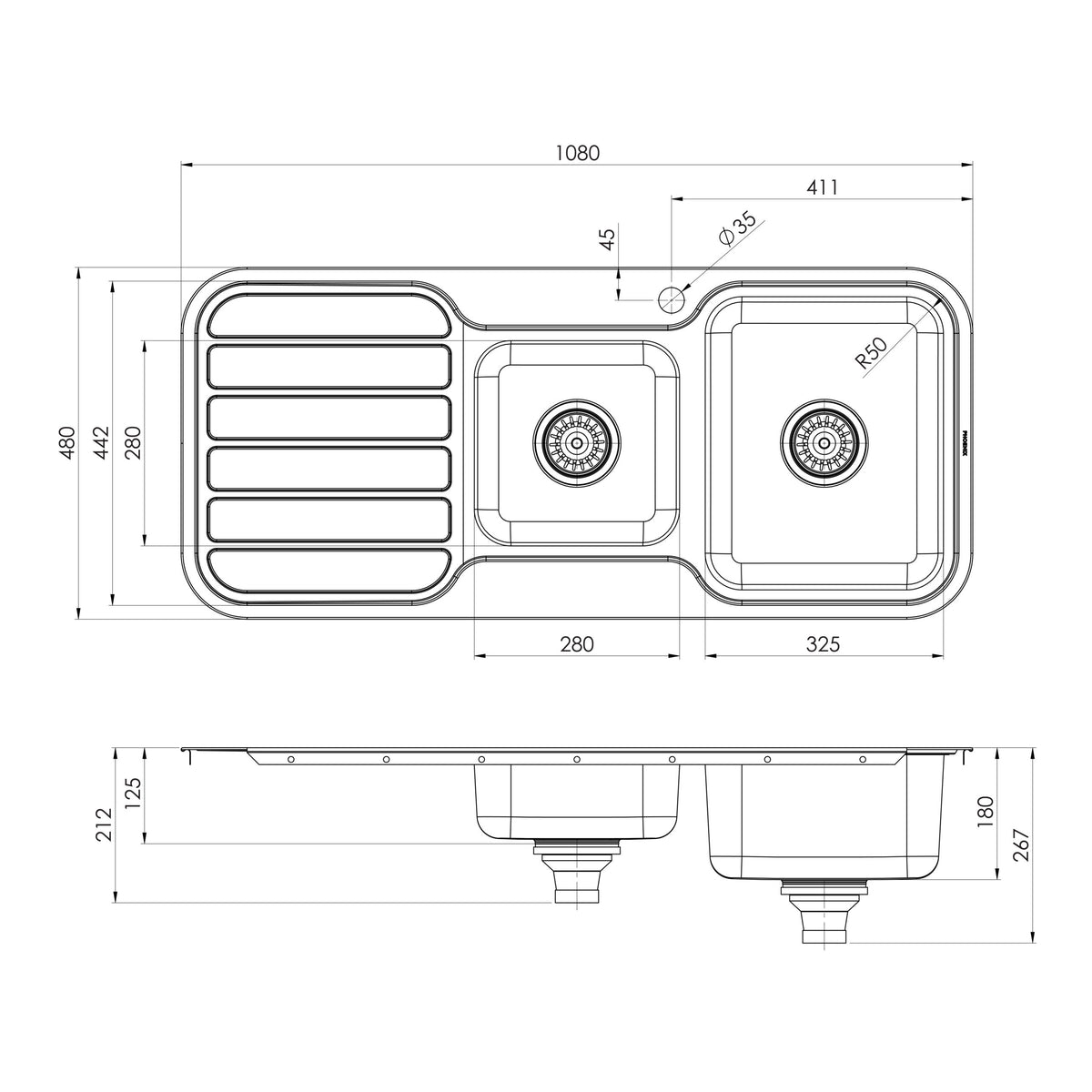 Phoenix 1000 Series 1 and 3/4 Right Hand Bowl Sink with Drainer and Taphole